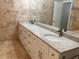 Bathroom featuring double sink vanity with white cabinets, granite countertops, and tile floors at 863 Fairwood Pointe Nw, Acworth, GA 30101