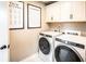 Well-lit laundry room featuring front load washer and dryer and framed laundry art at 4725 Montane St, Cumming, GA 30028