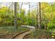 Wooded backyard featuring a deck with fire pit and stone walkway leading to a river at 1850 Winchester Trl, Brookhaven, GA 30341