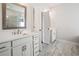 Modern bathroom with double vanity, a framed mirror, and beautifully tiled floors at 627 Skytop Dr, Cumming, GA 30040