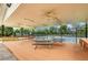 Large patio with picnic tables overlooks community tennis courts, perfect for outdoor events at 2625 Cross Springs Dr, Cumming, GA 30041