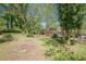 Large grassy backyard with mature trees and a storage shed at 1884 Montrose Dr, East Point, GA 30344