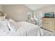 Bright bedroom with a king bed, white bedding, and a view of the en suite bathroom at 106 Thornwood Dr, Woodstock, GA 30188