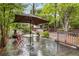 Backyard with a wooden patio, an umbrella covered table, and beautiful greenery at 758 Argonne Ne Ave, Atlanta, GA 30308