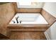 Close-up of a white bathtub with bronze fixtures and decorative tiling at 204 Maple Creek Chase, Woodstock, GA 30188