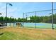 Outdoor tennis court with green and blue surface surrounded by black chain link fence and trees at 204 Maple Creek Chase, Woodstock, GA 30188