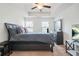 Spacious bedroom with a tray ceiling, neutral carpet, and modern ceiling fan at 6415 Shalks Crossing Dr, Lithonia, GA 30058