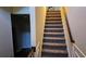 Carpeted stairs with a dark wood railing leading to the upper level at 3084 Turman Cir, Decatur, GA 30033