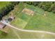 Aerial view of fenced farmland with multiple paddocks and a gravel driveway on a bright day at 5187 Parkview Rd, Social Circle, GA 30025