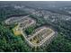 Aerial view of the neighborhood nestled among green trees at 530 Payne Rd, Woodstock, GA 30188