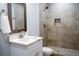 Modern bathroom features a tile shower, new vanity with sink, and a neutrally painted wall at 1395 Winburn Dr, East Point, GA 30344