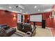 Home theater with comfortable seating and projector screen, creating an immersive viewing experience at 9860 Hunt Club Way, Johns Creek, GA 30022