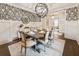 Dining room with wallpaper, white wainscoting, a modern light fixture, and hardwood floors at 201 Saddle Rd, Alpharetta, GA 30009