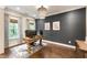 Elegant home office features custom desk, modern chandelier, beautiful wallpaper and lots of natural light at 201 Saddle Rd, Alpharetta, GA 30009