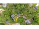 Aerial view of home with lush tree coverage and surrounding neighborhood. Includes swimming pool and trampoline at 209 Southerness Ct, Stockbridge, GA 30281