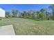 A large backyard with a lush green lawn, some trees, and a concrete pad at 5530 Bower Pl, Cumming, GA 30028