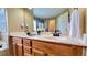 Bathroom with double sink vanity, quartz countertops, and oak cabinets at 223 Cheatham Rd, Acworth, GA 30101