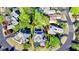 An aerial view showcases the home's placement and the pool, surrounded by mature trees and landscaping at 7080 Greatwood Trl, Alpharetta, GA 30005