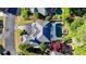 Birds eye view of home featuring a backyard pool, lush trees, and charming outdoor living area at 7080 Greatwood Trl, Alpharetta, GA 30005