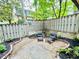 Relaxing patio area enclosed by a wooden fence with string lights and lush greenery at 102 Adrian Nw Pl, Atlanta, GA 30327