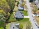 An aerial view of a suburban house with a spacious backyard, patio and mature trees at 2523 Bancroft Way, Buford, GA 30519
