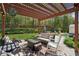 Outdoor patio area with comfortable seating, a pergola, and views of the lush backyard at 2523 Bancroft Way, Buford, GA 30519