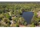 Scenic aerial view of the tranquil pond surrounded by mature trees and homes at 255 Sageglen Rd, Lawrenceville, GA 30044