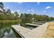 A wooden dock extends into calm waters, surrounded by lush trees and a clear blue sky at 8045 Hillside Climb Way, Snellville, GA 30039