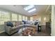 Cozy sunroom with a large sectional sofa, skylights, multiple windows, and a unique coffee table at 1200 Izod Ct, Lawrenceville, GA 30044