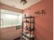 Dog bath area features a tub and shelves with supplies, set against coral walls at 1570 Hill Crossing Ct, Grayson, GA 30017