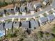 Aerial view of a neighborhood with houses, mature trees, lawns, streets, and cul-de-sacs at 815 Commerce Trl, Canton, GA 30114