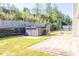 Backyard with jacuzzi and small patio featuring a large umbrella for shade at 1910 Charleston Oak Cir, Lawrenceville, GA 30043