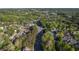 An aerial view showcases a neighborhood with mature trees, roads and community amenities like pools and tennis courts at 518 Scenic Pass, Woodstock, GA 30189