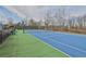 A vibrant blue and green tennis court ready for play with benches nearby at 725 Links View Dr, Sugar Hill, GA 30518