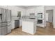 Modern kitchen with stainless steel appliances, island, and quartz counters offers a clean, efficient workspace at 1420 Midland Way, Lawrenceville, GA 30043