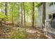Backyard featuring lush greenery, mature trees, and a partial view of the house with a deck at 7470 Princeton Trce, Sandy Springs, GA 30328