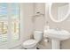 Elegant powder room featuring natural light, a pedestal sink, and classic fixtures at 1561 Mosaic Way, Smyrna, GA 30080