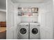 Bright laundry closet with stacked white washer and dryer units and storage shelves above at 65 Peachtree Memorial Nw Dr # 5, Atlanta, GA 30309