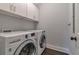Efficient laundry room with modern, front-load washer and dryer and built-in overhead cabinets at 60 Spence Se Ave, Atlanta, GA 30317