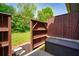 Cozy back patio space with a storage bench and a wood privacy fence at 4992 Meadow Ln, Marietta, GA 30068