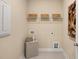 Functional laundry room with storage shelves, a front-loading washer and dryer, and neutral decor at 1407 Bluffs Ridge Way, Canton, GA 30114