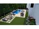 Aerial view of a backyard with a pool, hot tub, fire pit, dining, and lounge areas at 4976 Concert Ln, Marietta, GA 30066