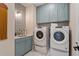 Stylish laundry room with modern appliances and beautiful blue cabinetry at 4976 Concert Ln, Marietta, GA 30066