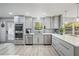 Bright kitchen featuring gray cabinets, stainless steel appliances, and updated lighting fixtures at 295 Hollyberry Dr, Roswell, GA 30076