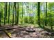 A stone firepit is set in a wooded backyard, perfect for outdoor entertaining at 1061 Retner Dr, Mableton, GA 30126
