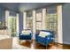 Sitting area with blue velvet chairs, light walls, hardwood floors and bright windows at 3038 Nancy Creek Nw Rd, Atlanta, GA 30327