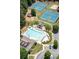 This aerial view features the community pool, clubhouse, and tennis courts in a beautiful, wooded setting at 4955 Kingsbridge Ct, Powder Springs, GA 30127