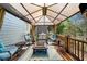 Beautiful covered deck with wood flooring, comfortable seating, and a cozy fire pit at 3531 Vintage Trl, Woodstock, GA 30189