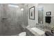 Bathroom with shower stall, granite countertop, and tiled floor at 3825 Raeburn Rd, Cumming, GA 30028