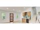 Open-concept living room featuring light wood floors, wet bar, and staircase with wooden railing at 4544 Savage Ne Dr, Marietta, GA 30066